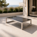 ATELIER Couchtisch – Outdoor-Designobjekt aus geschliffenem Edelstahl und Parsolglas