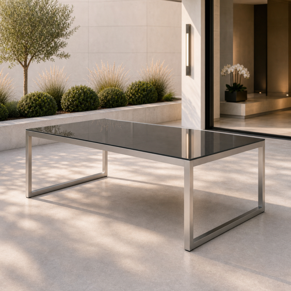 ATELIER Esstisch – Outdoor-Designobjekt aus Edelstahl und Parsolglas