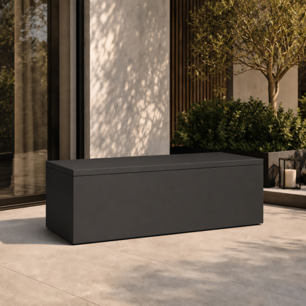 LINEA Aufbewahrungsbox – architektonische Outdoor-Polsterbox aus Edelstahl