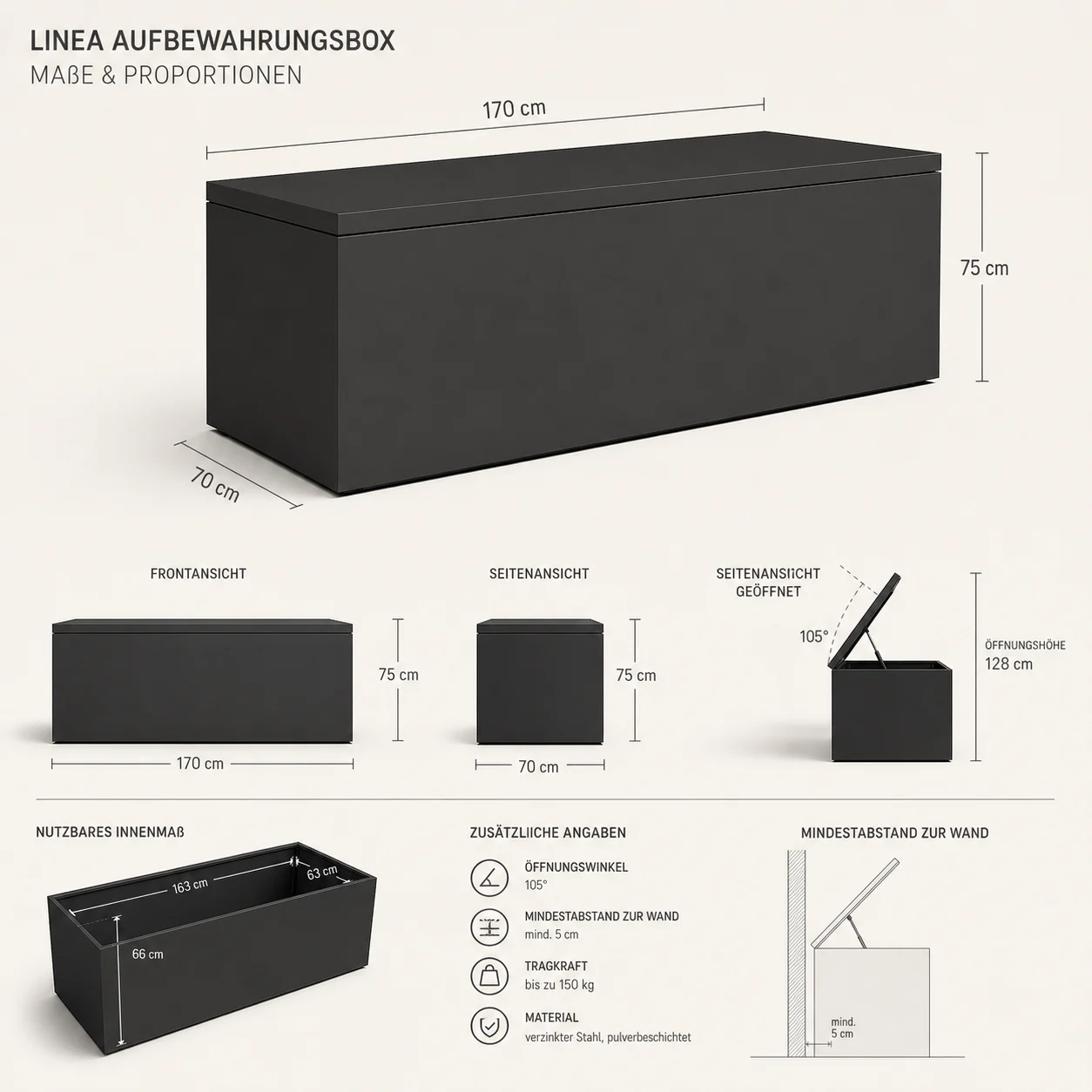 LINEA Aufbewahrungsbox – architektonische Outdoor-Polsterbox aus Edelstahl – Bild 10