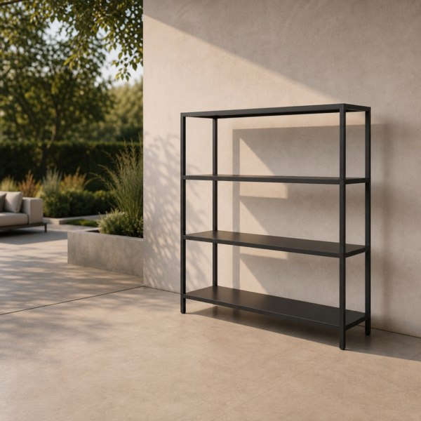 LINEA Outdoor-Regal – architektonisches Edelstahlregal für Terrasse und Garten