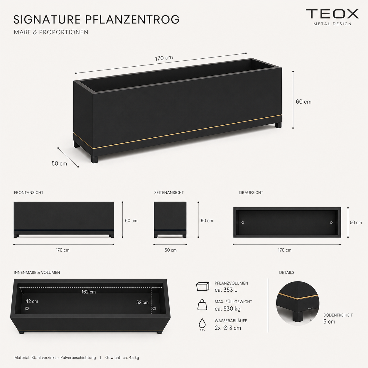 SIGNATURE Pflanzentrog – architektonisches Outdoor-Pflanzgefäß mit Goldakzenten – Bild 11