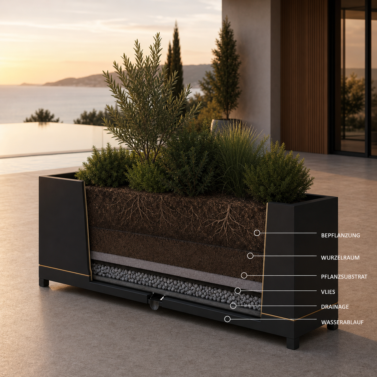 SIGNATURE Pflanzentrog – architektonisches Outdoor-Pflanzgefäß mit Goldakzenten – Bild 7