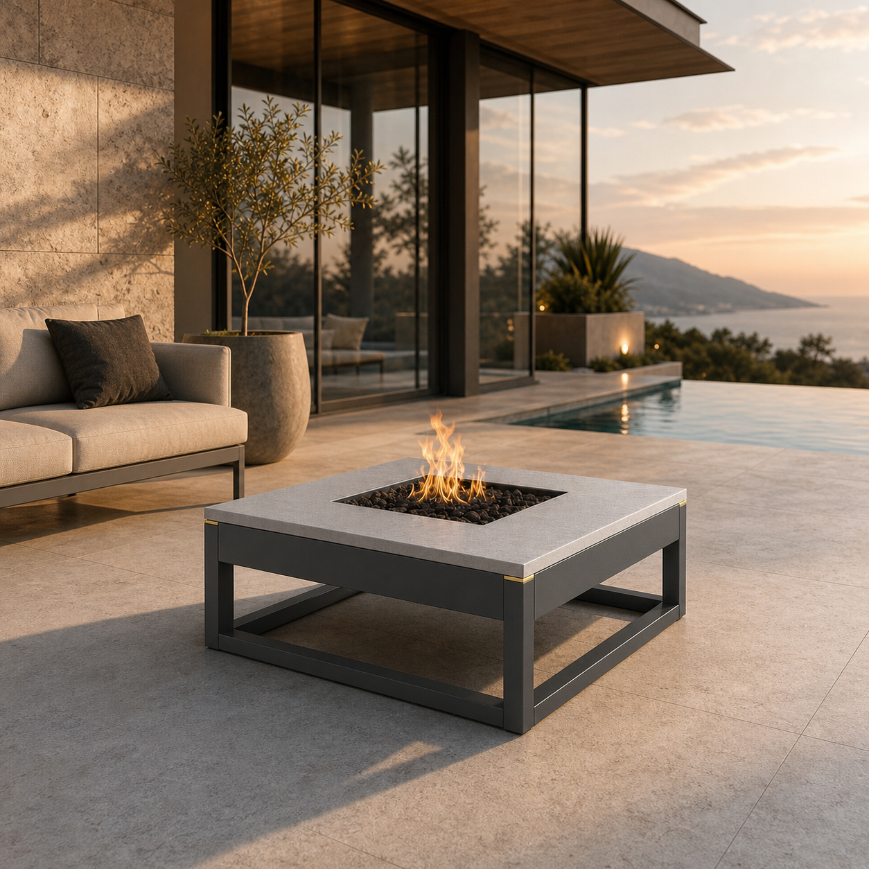 SIGNATURE Feuerschale – architektonische Outdoor-Feuerstelle mit Goldakzenten – Bild 7