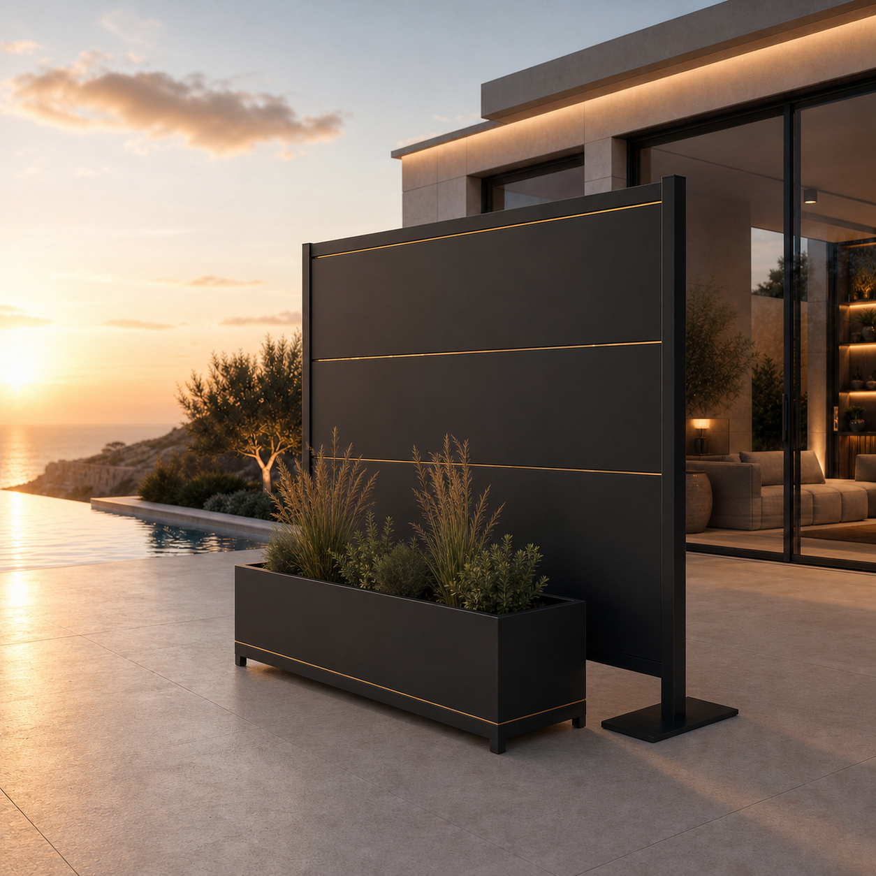 SIGNATURE Outdoor-Trennwand – architektonischer Sichtschutz mit Goldakzenten – Bild 8