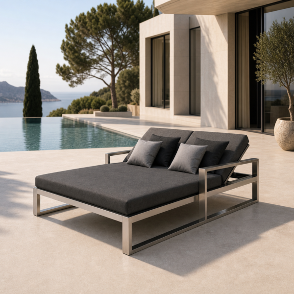 ATELIER Daybed – architektonisches Outdoor-Daybed aus geschliffenem Edelstahl