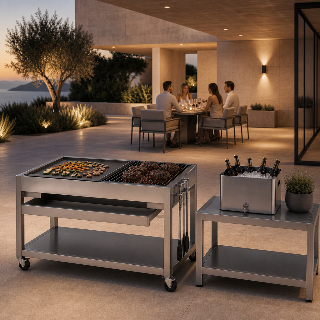 DESIGN Griller – architektonische Outdoor-Grillstation aus geschliffenem Edelstahl inkl. Beistelltisch und Bierkübel – Bild 14