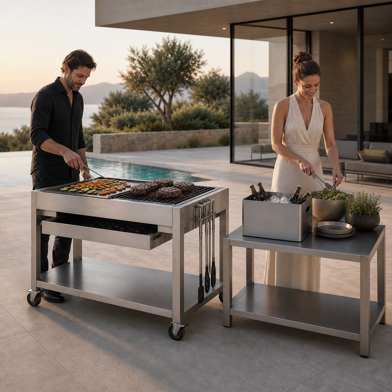 DESIGN Griller – architektonische Outdoor-Grillstation aus geschliffenem Edelstahl inkl. Beistelltisch und Bierkübel – Bild 11