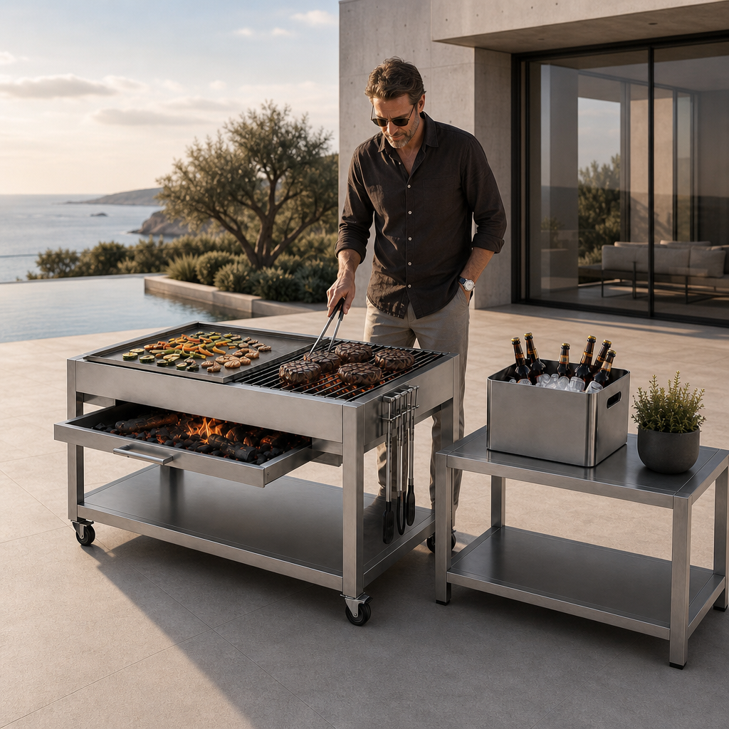 DESIGN Griller – architektonische Outdoor-Grillstation aus geschliffenem Edelstahl inkl. Beistelltisch und Bierkübel – Bild 2