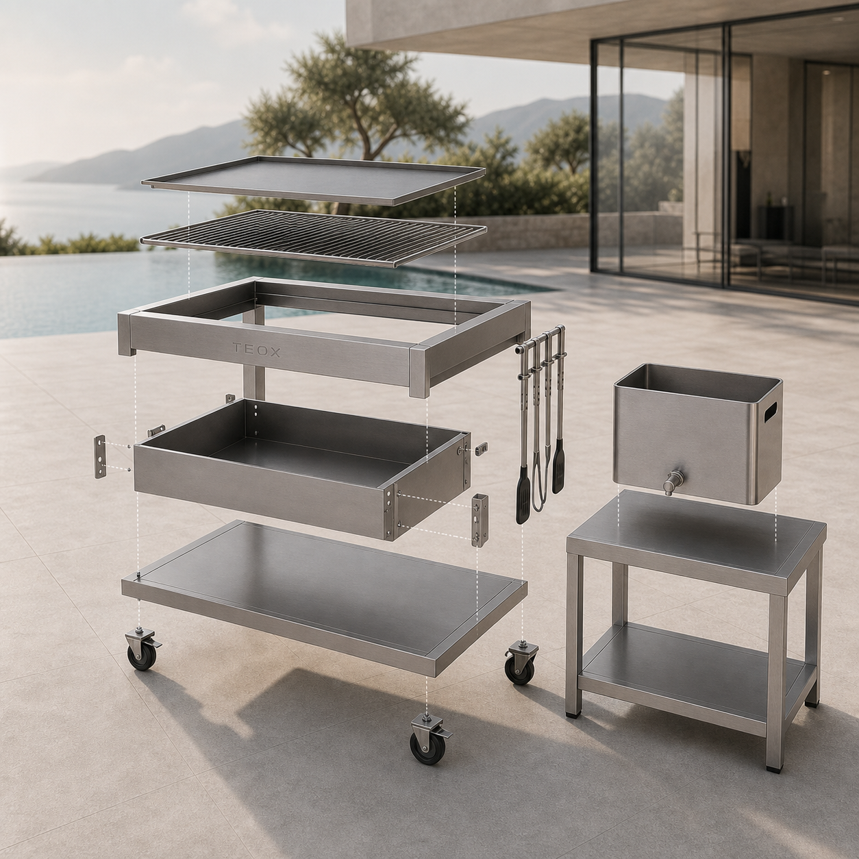 DESIGN Griller – architektonische Outdoor-Grillstation aus geschliffenem Edelstahl inkl. Beistelltisch und Bierkübel – Bild 17