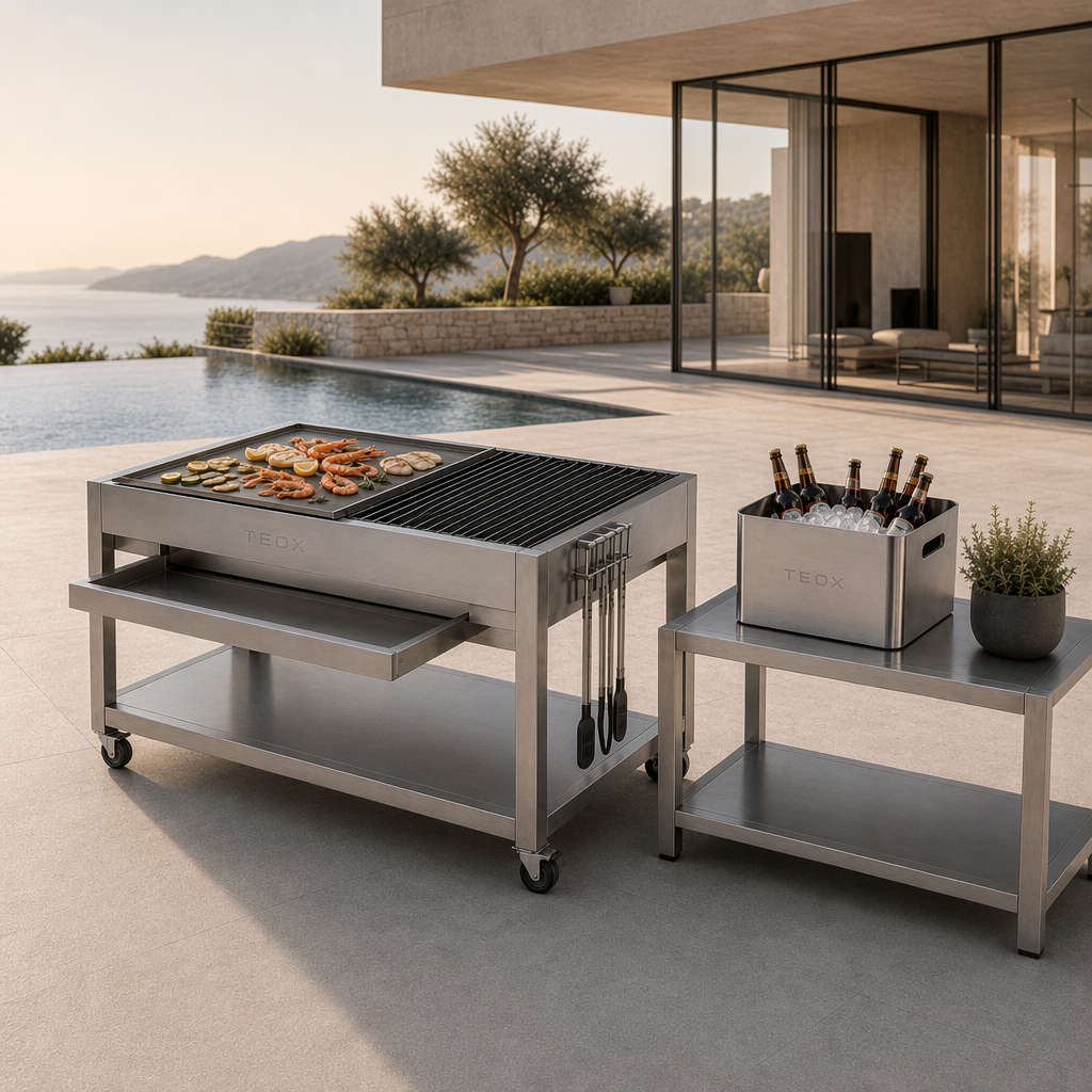 DESIGN Griller – architektonische Outdoor-Grillstation aus geschliffenem Edelstahl inkl. Beistelltisch und Bierkübel – Bild 13