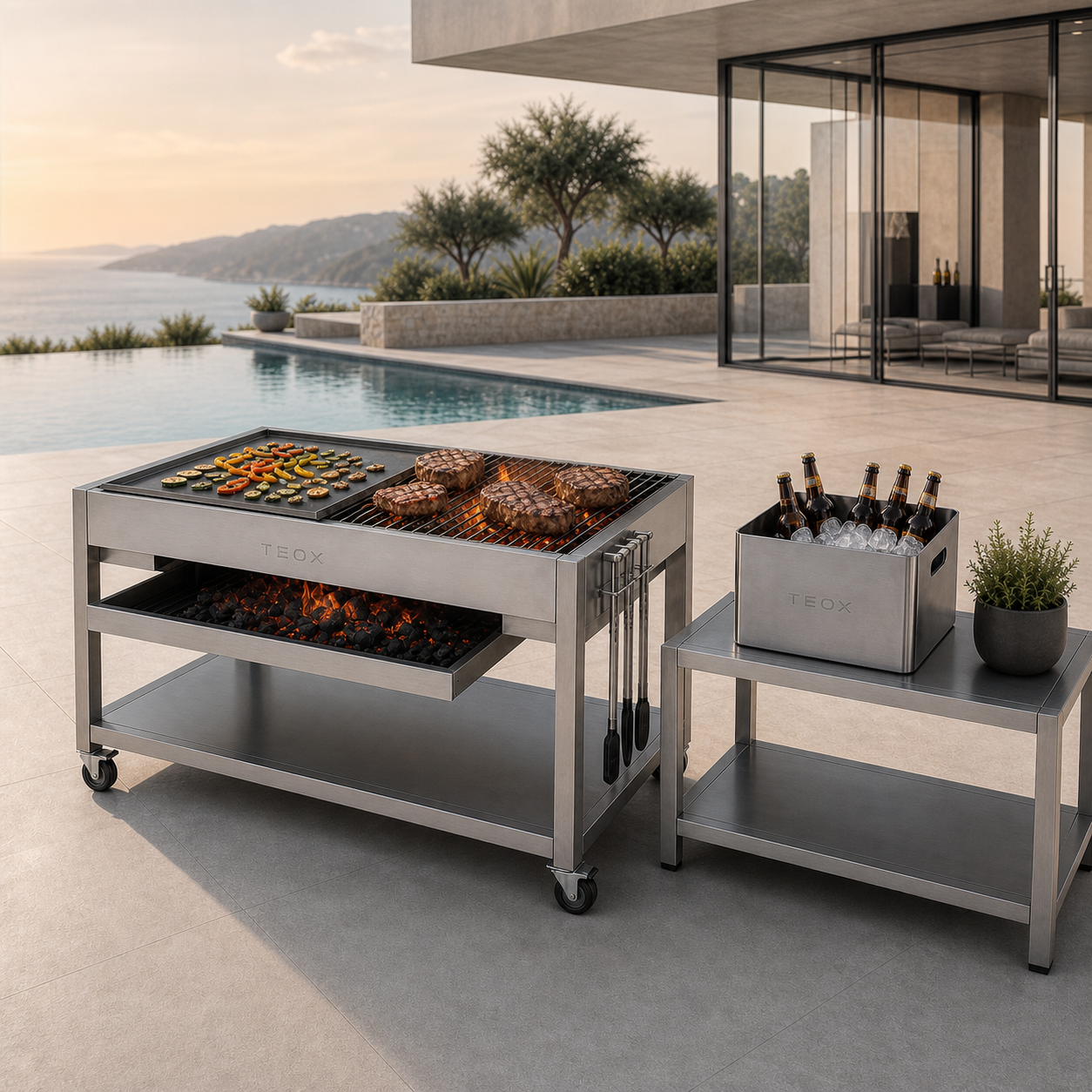 DESIGN Griller – architektonische Outdoor-Grillstation aus geschliffenem Edelstahl inkl. Beistelltisch und Bierkübel – Bild 5