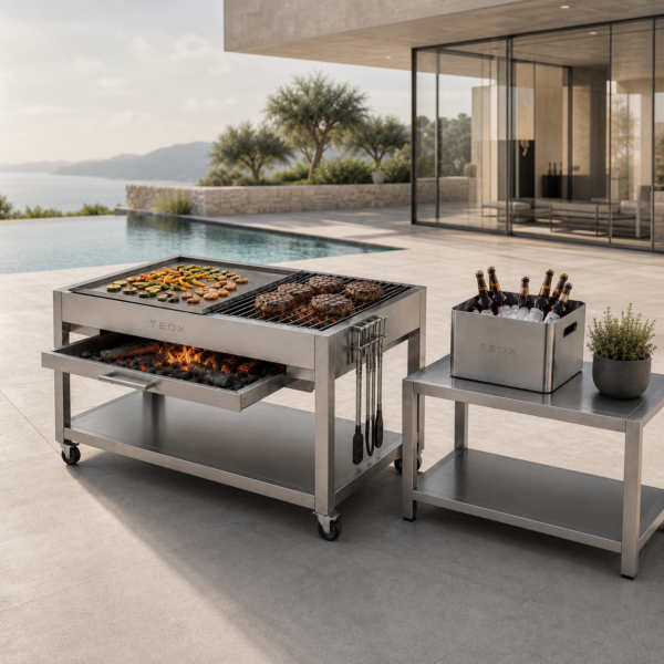 DESIGN Griller – architektonische Outdoor-Grillstation aus geschliffenem Edelstahl inkl. Beistelltisch und Bierkübel