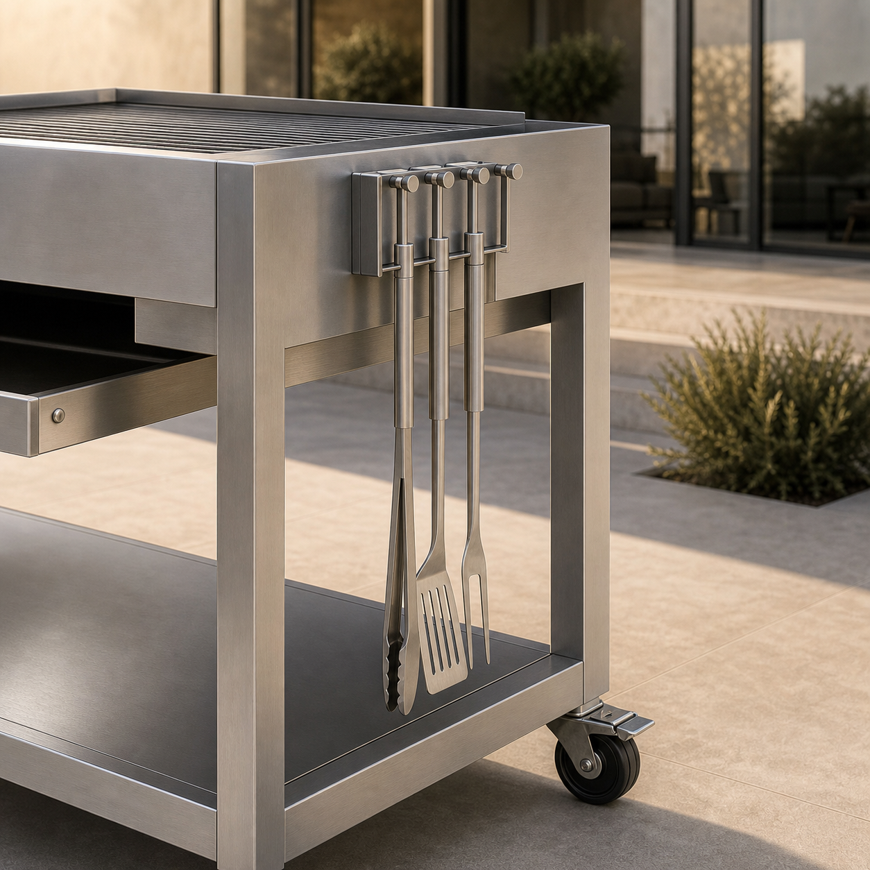 DESIGN Griller – architektonische Outdoor-Grillstation aus geschliffenem Edelstahl inkl. Beistelltisch und Bierkübel – Bild 9