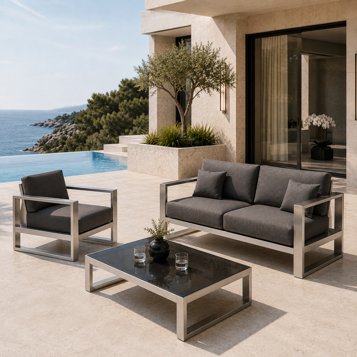 ATELIER 2-Sitzer Sofa – exklusives Outdoor-Loungesofa aus geschliffenem Edelstahl – Bild 6