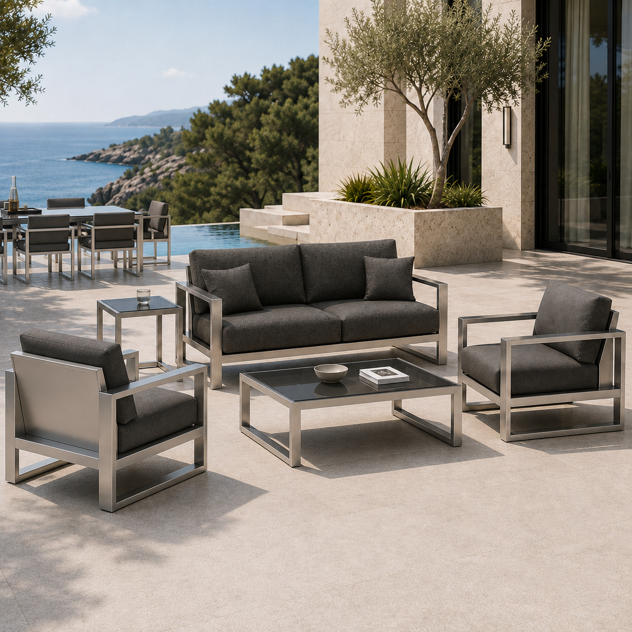 ATELIER 2-Sitzer Sofa – exklusives Outdoor-Loungesofa aus geschliffenem Edelstahl – Bild 7