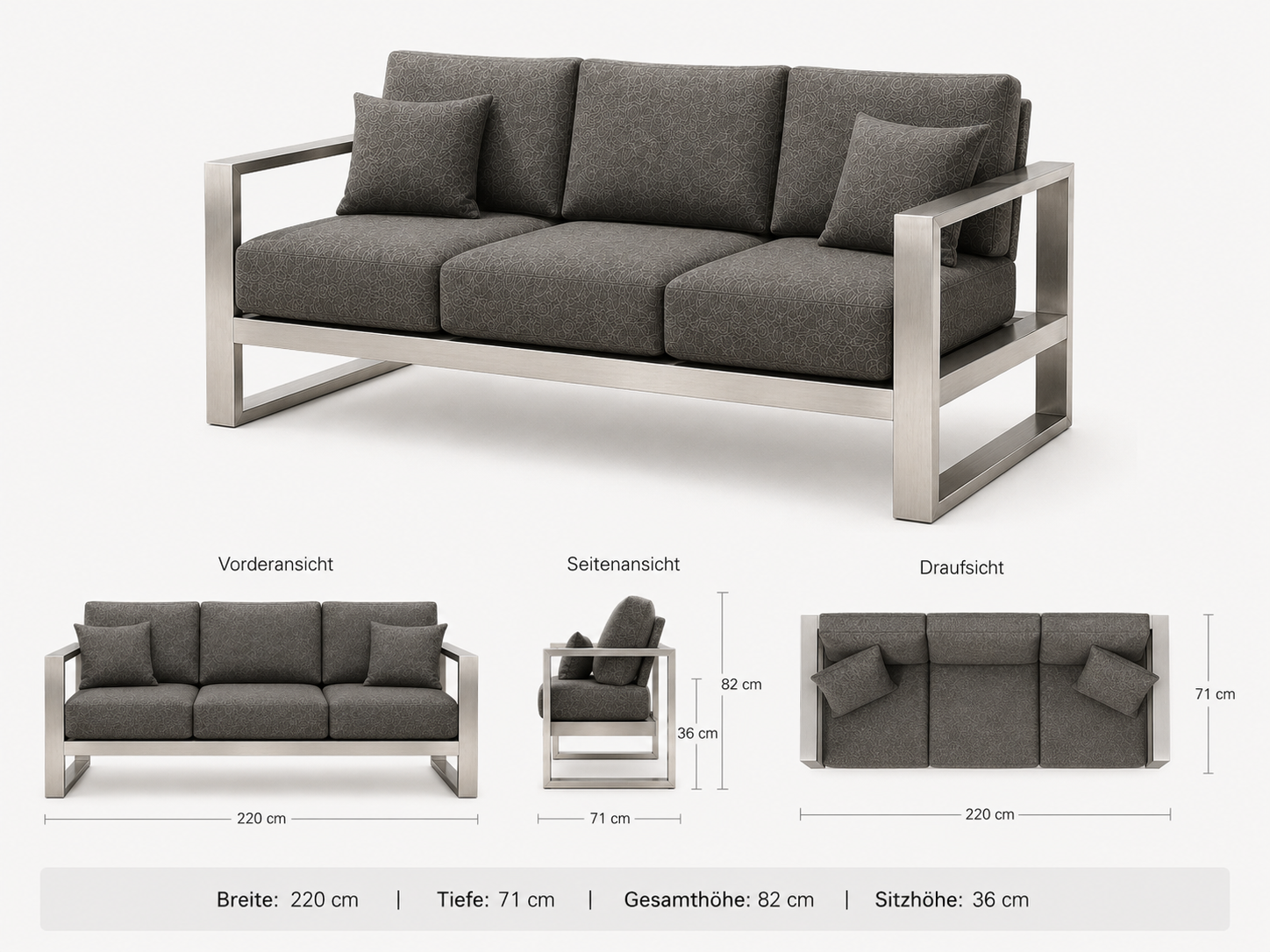 ATELIER 3-Sitzer Sofa – exklusives Outdoor-Loungesofa aus geschliffenem Edelstahl – Bild 7