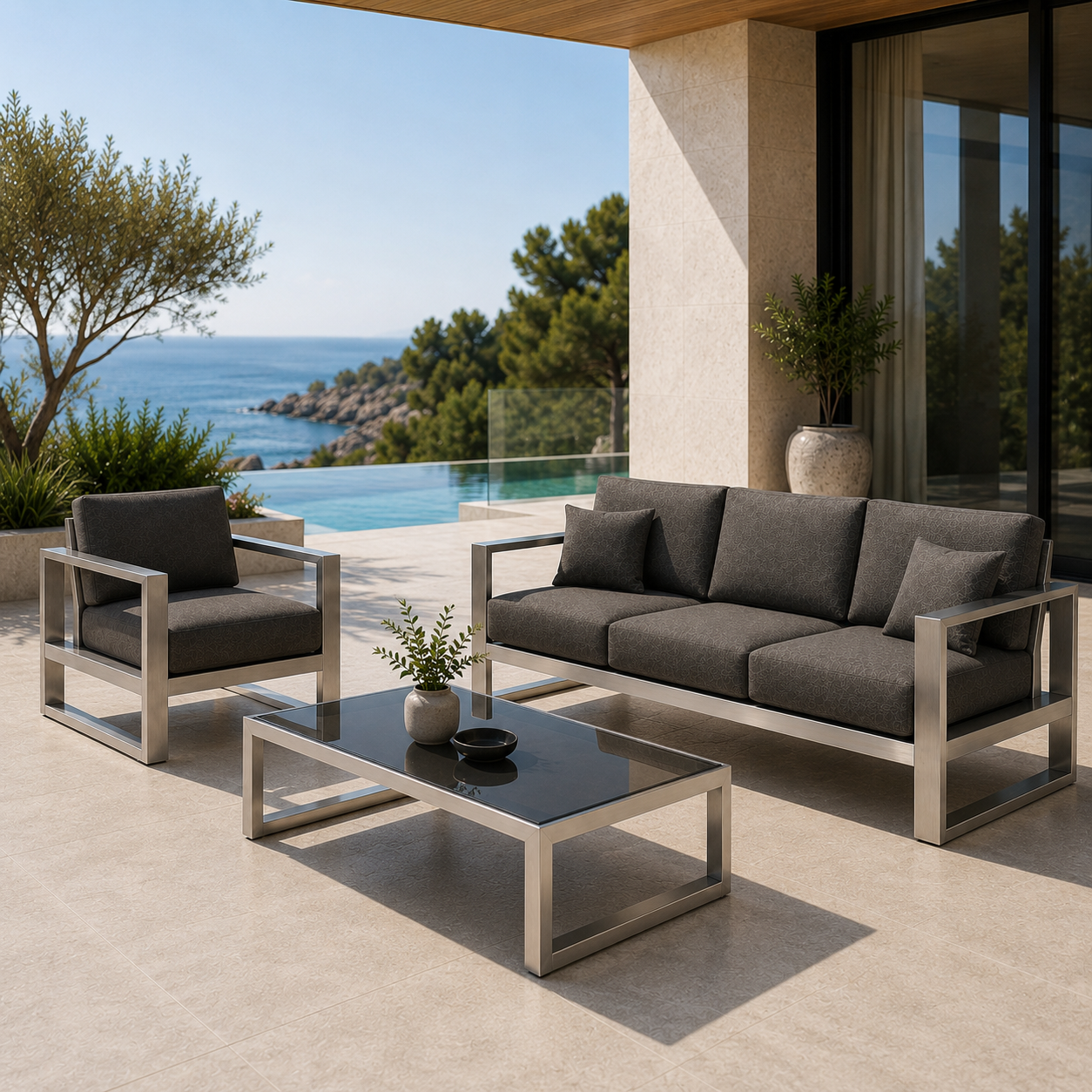 ATELIER 3-Sitzer Sofa – exklusives Outdoor-Loungesofa aus geschliffenem Edelstahl – Bild 5