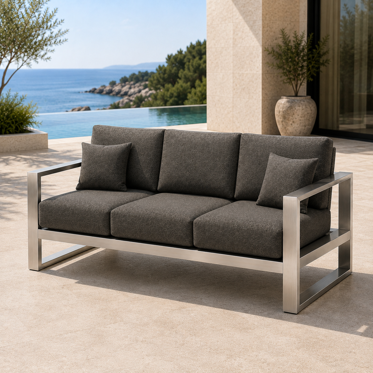 ATELIER 3-Sitzer Sofa – exklusives Outdoor-Loungesofa aus geschliffenem Edelstahl