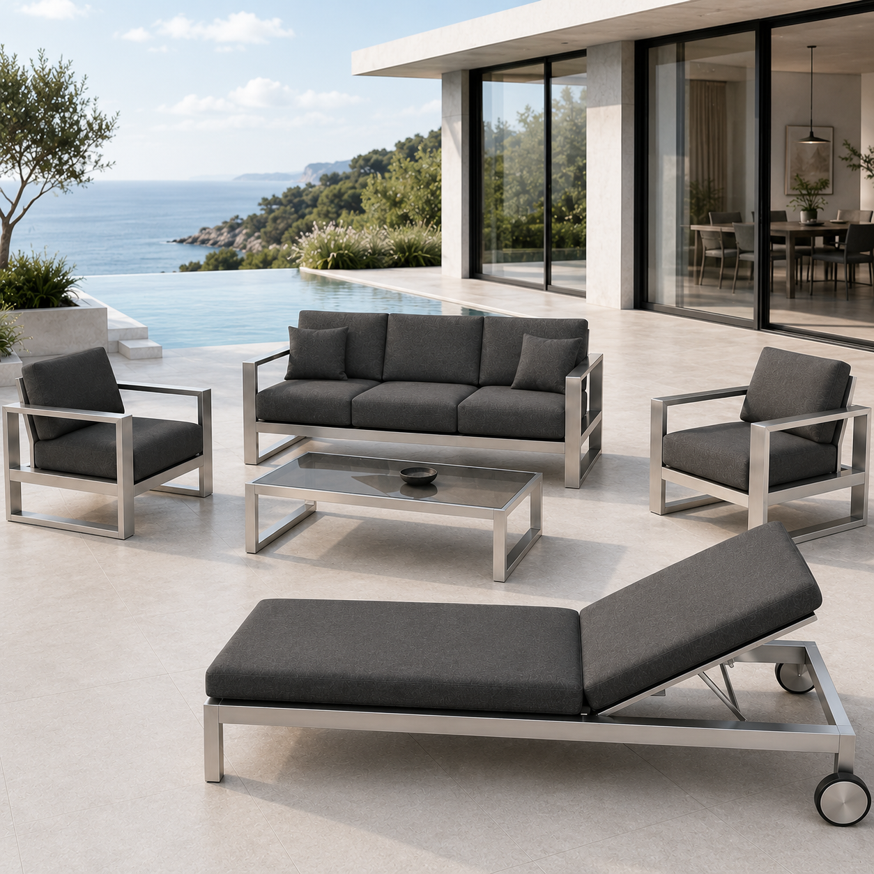 ATELIER Pool Lounge Set – exklusive Outdoor-Lounge mit Pool-Liege aus geschliffenem Edelstahl
