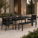 LINEA Garten Lounge Set mit fünf Armlehnstühlen, Esstisch und Sitzbank auf moderner Terrasse